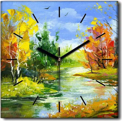 Produktbild von Coloray Uhr auf Leinwand 30x30 cm Wand Uhr Dekoration Wohnzimmer Segeltuch schwarze Hände -Herbstfließlandschaft.