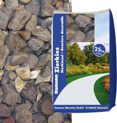 A bag of decorative gravel with a landscape image on it.