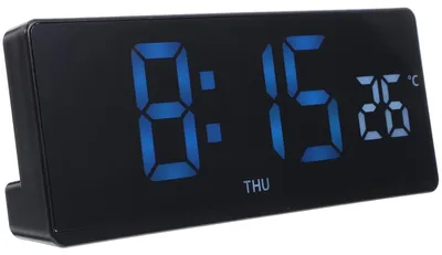 Digitale LED-Bürouhr mit Thermometer, Wecker, schwarz, blaues Display