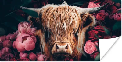 Produktbild von MuchoWow® Poster Kuh - Schottischer Highlander - Blumen - Botanisch 40x20 cm - Poster für die Wand - Poster Schlafzimmer