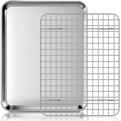 Produktbild von Backblech mit Abkühlgitter, Edelstahl Backrahmen Rechteckig, 31,5 x 24,5 x 2,5cm, Kuchenplatte mit deckel, Spülmaschinenfest, für Backen Braten Servieren