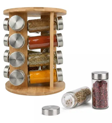 Produktbild von Relaxdays Gewürzkarussell, 16 Gewürzgläser, 360° drehbarer Gewürzständer, H x D: 27 x 19 cm, Bambus, Gewürzregal, natur