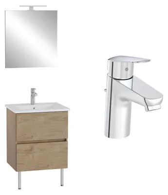 Image de VitrA Pack meuble 60cm chêne doré 2 tiroirs Mia Plus Square, plan céramique, miroir avec éclairage, mitigeur et vidage
