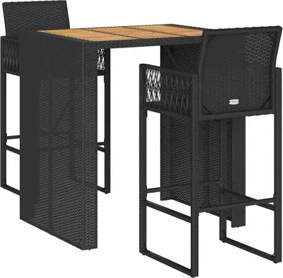 Image de vidaXL Ensemble bar de jardin 3 pièces sans coussins noir poly rotin acacia