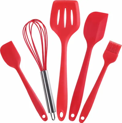 Image de Silicone Ustensiles de cuisine en silicone Spatules en silicone Ustensiles de cuisine de haute qualité résistants à la chaleur pour la cuisine Pâtisserie et la pâtisserie 5Pcs(Rouge)