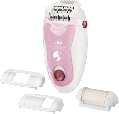 A pink and white epilator with accessories on a white background.