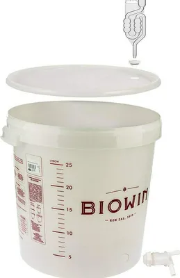 A brewing bucket with a lid and airlock.
