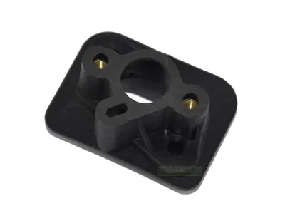 A black plastic part with brass inserts, likely an engine component, is shown against a white background.