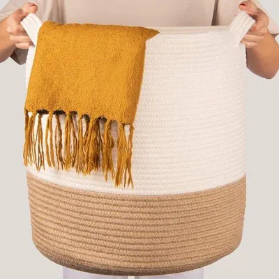 Produktbild von große geflochtene Aufbewahrungskorb - 46 x 43 cm dekorativer Baumwollkorbstoff - Wäschekorb mit Handgriffen - Korbstoff für Spielzeug im Kinderzimmer