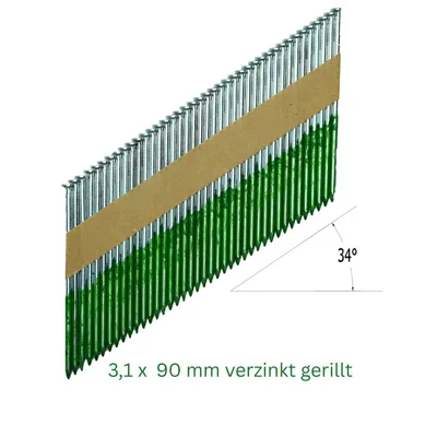 Produktbild von Streifennägel 34° 2000 Stück 3,1 x 90 mm D-Kopf verzinkt & gerillt kompatibel mit Milwaukee Tjep Hikoki