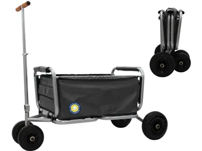 A foldable wagon with a black fabric bin and a silver metal frame, shown from the front and a folded view in the upper right corner.