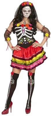 Dia de los Muertos Kostüm, Kleid, Handschuhe, Kniestrümpfe, Kopfschmuck
