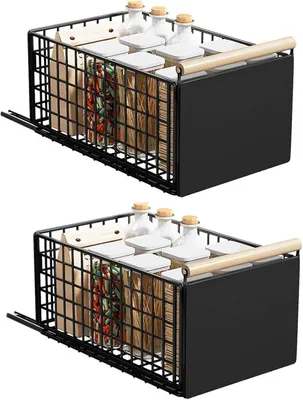 Image de Tiroirs coulissants, 2 pièces, pour armoire de cuisine, tiroirs télescopiques, avec poignée en bois, en métal, pour cuisine