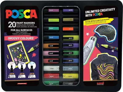 A black tin case containing 20 Posca paint markers in various colors, with marketing graphics on the left and right sides.