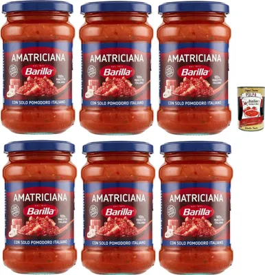 Produktbild von Barilla Sugo all'Amatriciana, Salsa, Fertige Tomatensauce mit 100% italienischem Speck, Zwiebeln und Chilischote 6x 300 gr + Italian Gourmet polpa 400g