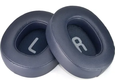 Two dark blue ear pads for headphones, labeled 'L' and 'R', are shown against a white background.