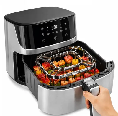 Produktbild von Airfryer Zubehör Spießständer aus 304 Edelstahl, Drehspieß Einsatz mit 28 Grillspießen, für Heißluftfritteuse und Airfryer