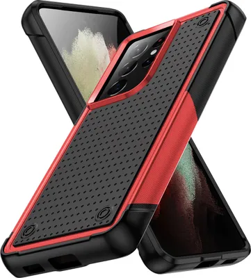 Produktbild von Für Samsung Galaxy S21 Ultra 5G Hülle Militärqualität Stoßfest Hybrid 2 in 1 Hart PC Weich TPU Handyhülle Rot Schwarz