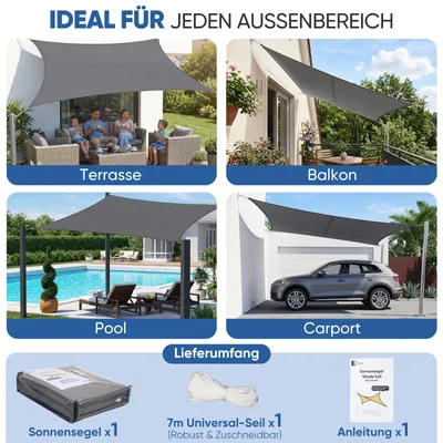 Produktbild von Sonnensegel Balkon 160g/m² Polyester UV Schutz Sonnenschutz Terrasse Garten Rechteckig, Anthrazit 3 x 5 m