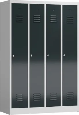 A four-door metal locker unit with a light gray frame and dark gray doors, presented in a studio setting.