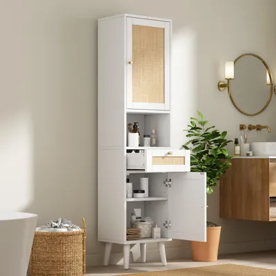 Produktbild von Merax Badezimmerschrank 166cm mit Rattan-Türen, Hochschrank mit Schublade aus MDF, Badschrank mit wendbare Türen, Soft-Close, Sideboard Vitrine, Weiß