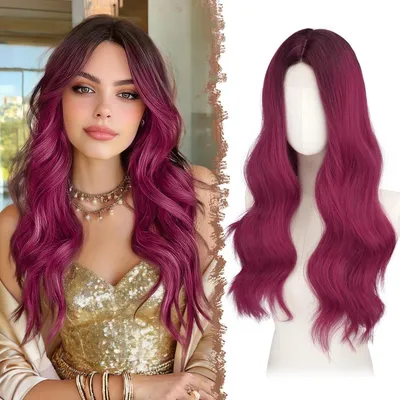 Image de Perruque synthétique pour femmes, longueur 60 cm, ondulée, avec une partie avant en dentelle et un dégradé de couleurs bordeaux