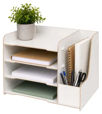 Immagine prodotto di Relaxdays, portadocumenti da scrivania, formato DIN A4, 4 scomparti, autoportante, con portapenne, dimensioni: 23 x 31,5 x 29 cm, materiale: MDF, colore: bianco