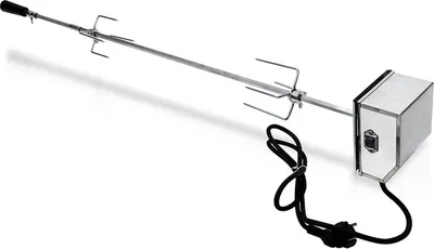 Zdjęcie produktu dla Clanmacy BBQ Szpikulec do grillowania ze stali nierdzewnej Zestaw szpikulców do grillowania, 91 cm, w tym 2 igły do mięsa i silnik ze stali nierdzewnej, 220 V – 240 V, elektryczny rożen obrotowy, rożen, szpikulec obrotowy, uniwersalne szpikulce do grillowania,