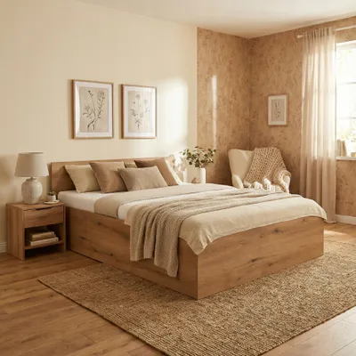 Produktbild von Komvortowy | Bett 160x200 Cm | Doppelbett Mit Metall-Lattenrost | EICHE EVOKE | Matratze 16 cm H3/H4 | Bettkasten Ohne Bodenplatte