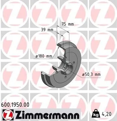 Produktbild von ZIMMERMANN 600.1950.00 - Bremstrommel für Arosa (6H), Cordoba (6K), Ibiza (6K), Toledo I (1L2), Polo (6N), Polo (80, 86C), Polo (6V), Jetta II (165, 19E, 1G2)
