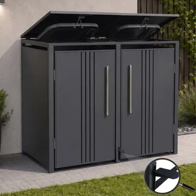 Image de Abri pour 2 poubelles HWC-Q76, abri pour poubelles, couvercle à pédale en métal, 116 x 132 x 89 cm, 53 kg ~ anthracite