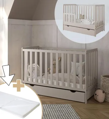 Immagine prodotto di ZEE BAMBI Lettino Bambini Cashmere 120x60 cm 2in1 con Materasso Cassetto Barriera di Sicurezza Regolabile 3 Altezze