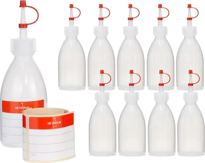 Produktbild von 10 Plastikflaschen 100 ml aus LDPE, natur, G18, Tropfverschluss, rotes Halteband und Käppchen