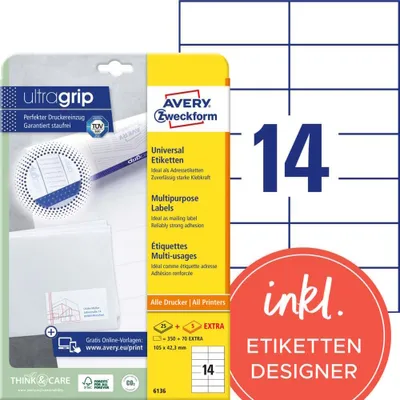 Produktbild von Avery Zweckform 6136 Universal-Etiketten, A4 mit ultragrip, Adressaufkleber, 105 x 42,3 mm, 420 Etiketten/30 Bogen, weiß