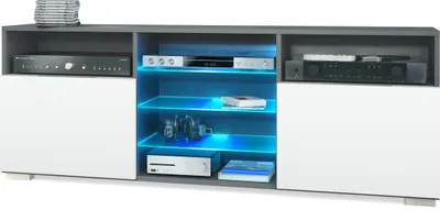 Produktbild von Vladon TV-Board Granada, Lowboard mit 2 Türen und 6 offenen Fächern, Korpus Anthrazit matt, Fronten in Weiß matt mit RGB LED-Beleuchtung (146 x 54 x 35 cm)