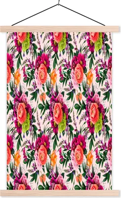 Produktbild von MuchoWow® Textilposter Blumen - Muster - Farben 120x180 cm mit holzfarbenen Rahmen - Textil-Plakat