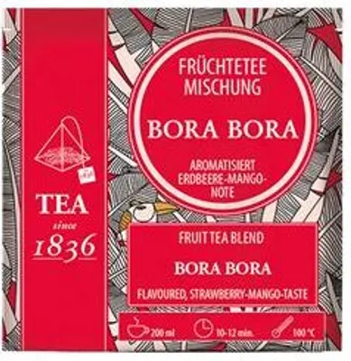 Produktbild von Früchteteemischung Bora Bora Erdbeer-Mango-Note aromatisiert 50 Pyramidenbeutel im Sachet à 4 g