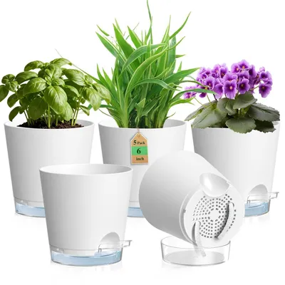 Immagine prodotto di Set di 5 vasi autoirriganti, diametro 15 cm, colore bianco, in plastica, con indicatore del livello dell'acqua