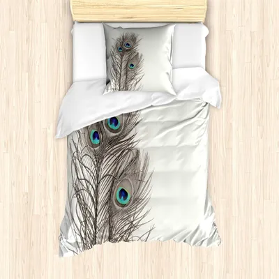 Immagine prodotto di ABAKUHAUS Set copripiumino Pfau, piume dell'uccello esotico su sfondo bianco con motivo boemo di animali, 135 x 200 cm + 80 x 80 cm, bianco, tortora e blu