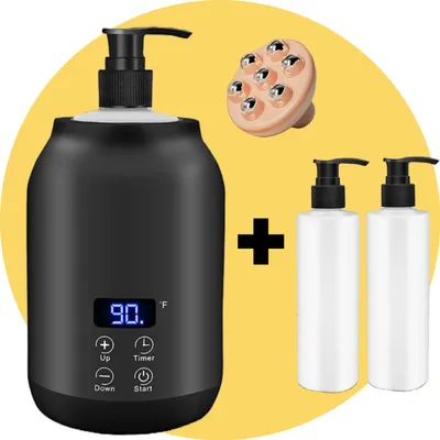 Produktbild von Bolusso Black Massage Oil Warmer | Elektrischer Flaschenwärmer für Cremes | Inklusive 2 Spendern & Massage-Tool | Einstellbare Temperatur 30-65 Grad | Perfekt für den Heim- und professionellen Gebrauch