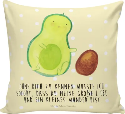 Produktbild von Mr. & Mrs. Panda Sofa Kissen Avocado Kern rollt - Gelb Pastell - Geschenk, Geburt, Geburtstag, Sofakissen, bedruckt, Avocados, zier, Deko, Baby, kuschelkissen 40x40