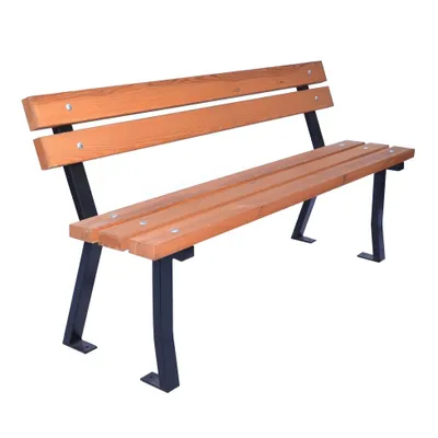 Zdjęcie produktu dla Trzyosobowa ławka parkowa/ogrodowa wykonana z metalu i drewna sosnowego. Ławka ma 150 cm długości i całkowitą nośność 270 kg.