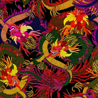 Image de Royal Velvet Tissu Polyester A coudre - Motif dragons chinois multicolores