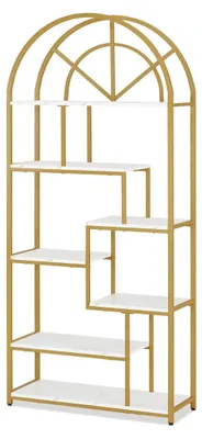 Produktbild von Bücherregal in Gold, Standregal mit 7 Ebenen, Metallrahmen, Regal für Büro, Wohnzimmer, Schlafzimmer, Küche, Nagelstudio, Marmor-Weiß, 30x80x180cm