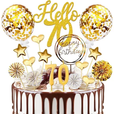 Immagine prodotto di Decorazioni per torta per il 70° compleanno, dorate e scintillanti, set da 20 pezzi, con candeline, adatte sia per uomo che per donna