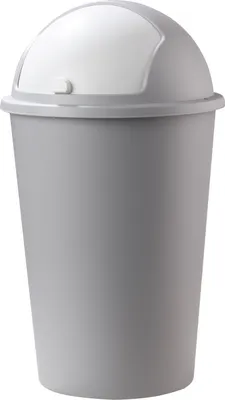 A gray trash can with a white lid, shown against a white background.