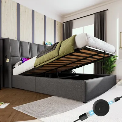 Produktbild von Flieks čalúnená posteľ 160x200cm s funkciou zásuvky, úložný priestor manželská posteľ s lamelovým roštom, hydraulická skriňová pružina posteľ pre mladých, posteľná bielizeň, sivá