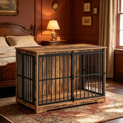 Produktbild von Hundekäfig Möbel, 119 cm Hundebox Möbel, 2 Türen, Vintage Braun | XXL Moderne Hundekäfig Indoor für Mittlere/Große Hunde, Beistelltisch