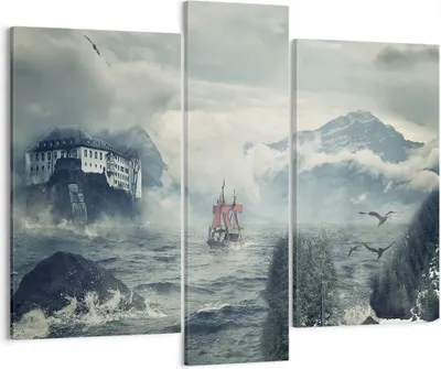 Produktbild von Bild auf Leinwand - Leinwandbild - 3 Teile - Sturm Berge Segelschiff - 95x80cm - Wand Bild - Wanddeko - Wandbilder - Leinwanddruck - Bilder - Wanddekoration - Leinwand bilder - Wandbild - CB95x80-4208