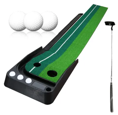 Produktbild von Vigevee Putting Trainer Indoor 250 cm, Golf Trainingsmatte mit 2 Ziellöchern und Ballrücklauf, inkl. Putter und 3 Golfbällen für Zuhause und Büro